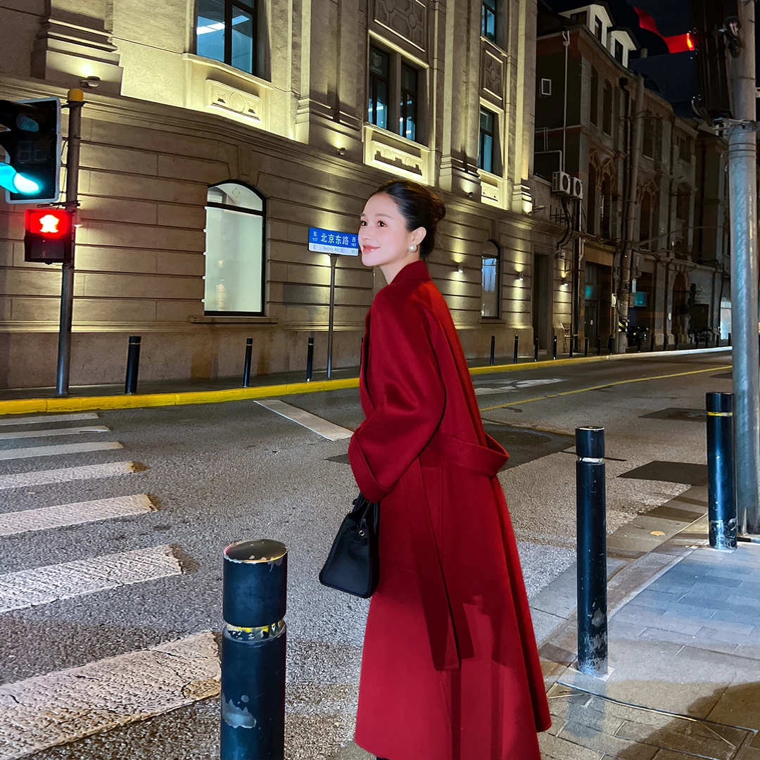 红色双面羊绒大衣女中长款2025冬季新款高端宽松气质结婚毛呢外套