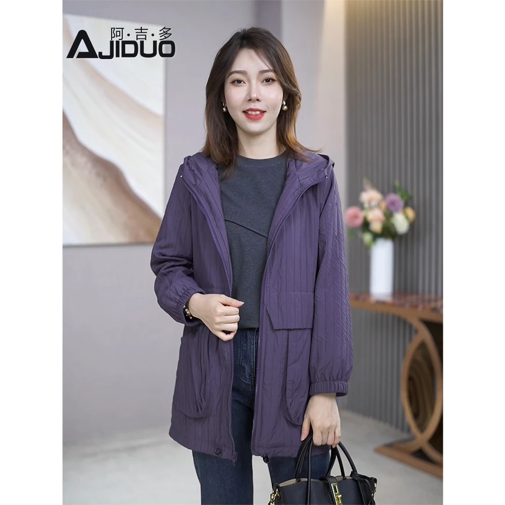 阿吉多2025春秋新款宽松纯色长袖风衣显瘦女士连帽立领外套A30627