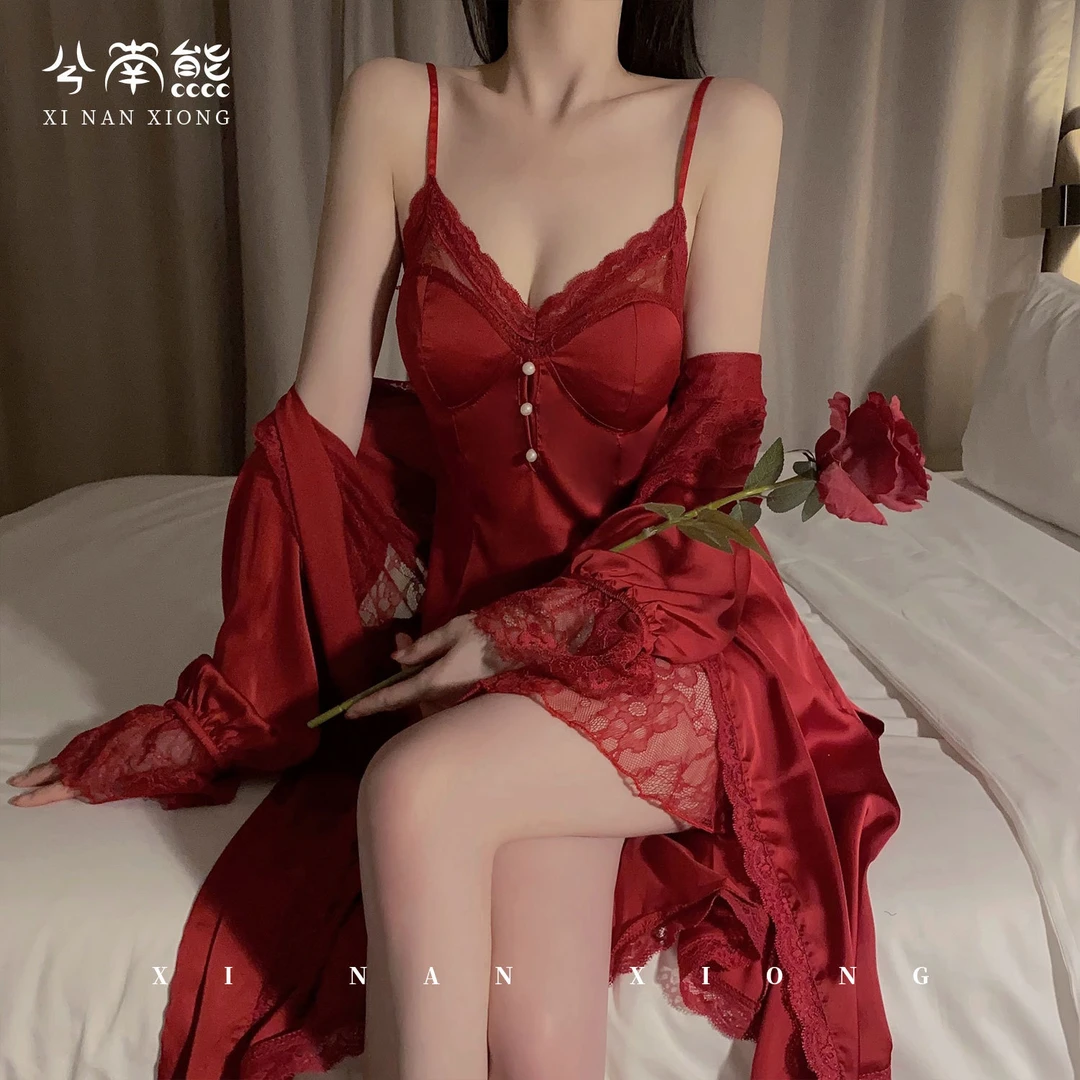 蕾丝性感红色结婚法式纯欲薄款冰丝绸女士新婚伴娘夏季露背睡裙小