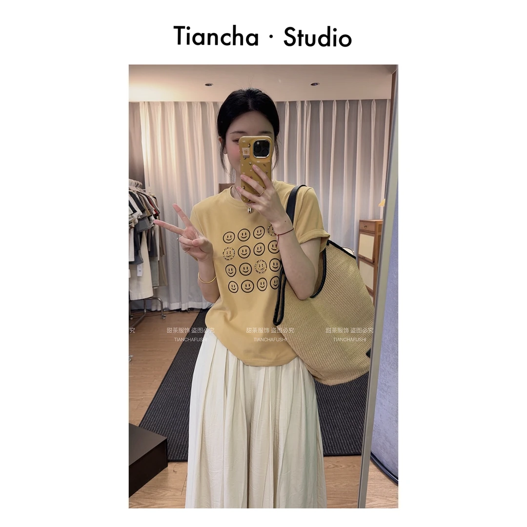 sweetc【笑脸】M346#夏季韩版正肩短袖T恤女ins可爱气质百搭减龄