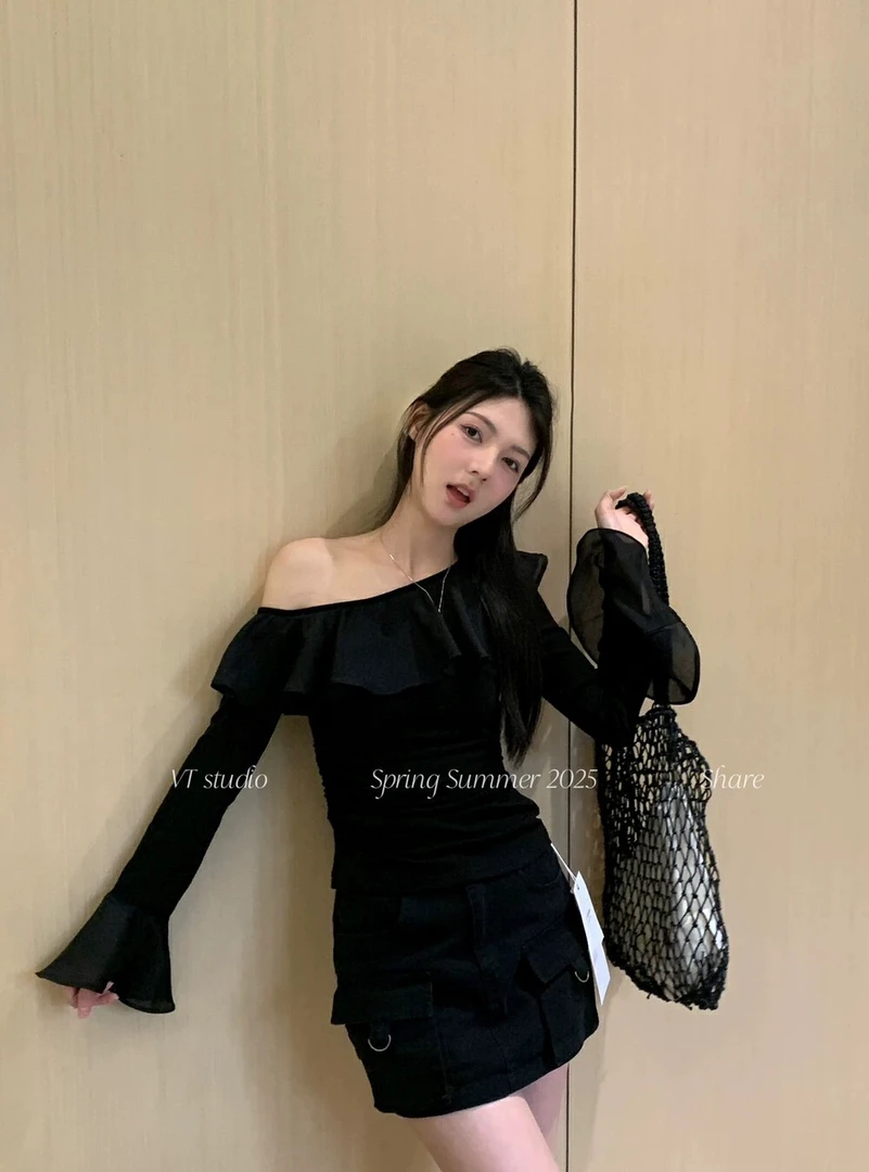 法式时尚2025春季新款荷叶边长袖T恤喇叭袖女设计感小众别致上衣