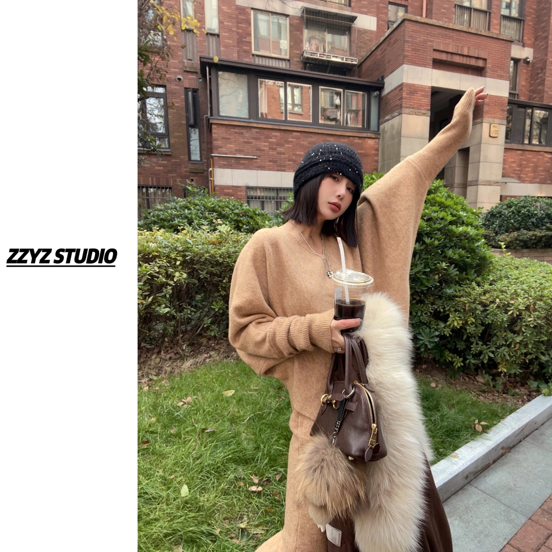 【ZZYZ】“香岛巴黎”慵懒纯色V领套头毛衣＋秋冬针织半身长裙套装