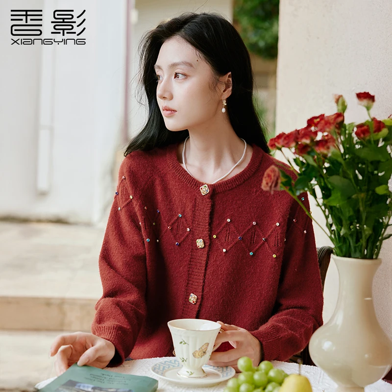 【小余专属】M85A640针织衫香影复古酒红色针织开衫女秋季新款彩
