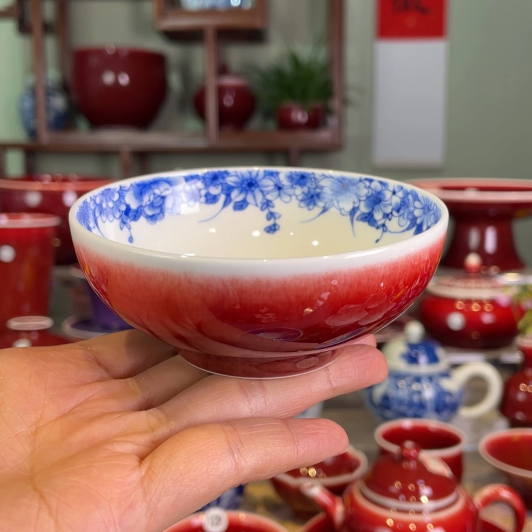 清欢雅玩原矿郎红内绘蝶恋花普洱杯