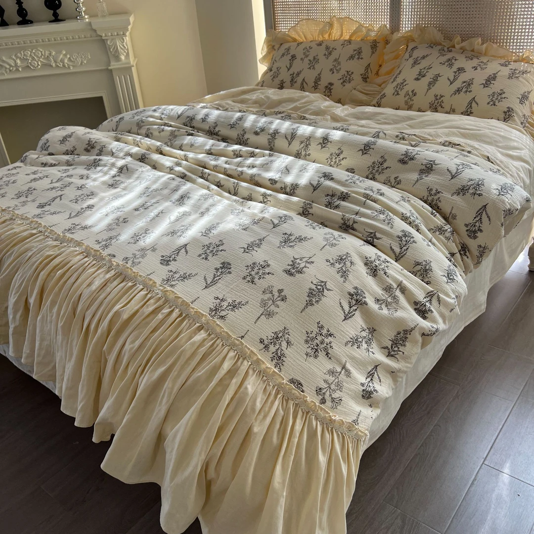 【小春野】公主风碎花全棉皱皱双层纱复古简约四件套双层纱四件套