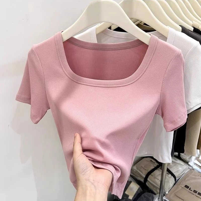 法式方领短袖t恤女紧身夏季2025新款低领内搭打底衫露锁骨上衣