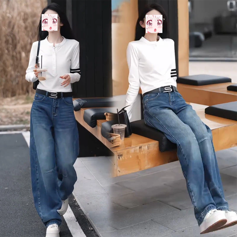 盐系网红穿搭一整套2025秋季三条杠长袖t恤高腰牛仔裤子两件套装