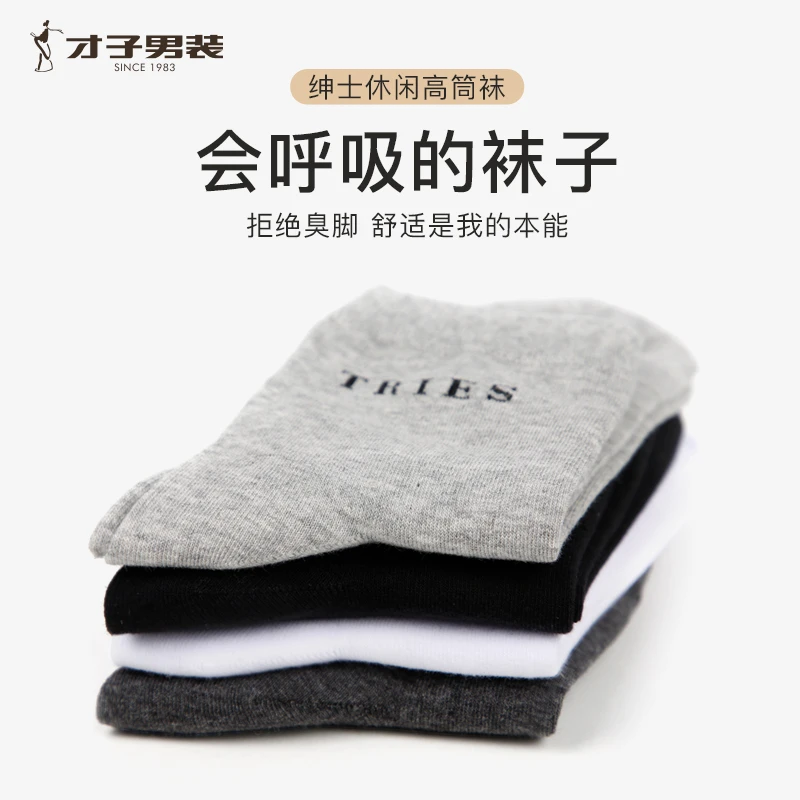 TRiES/才子精梳棉中筒袜子吸汗透气休闲百搭简约耐穿柔软四季男袜