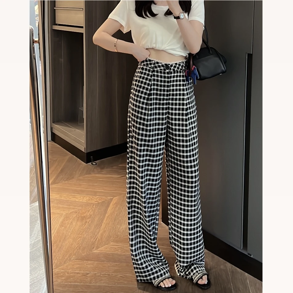 【大静静】“黑白格”蕾丝边休闲裤