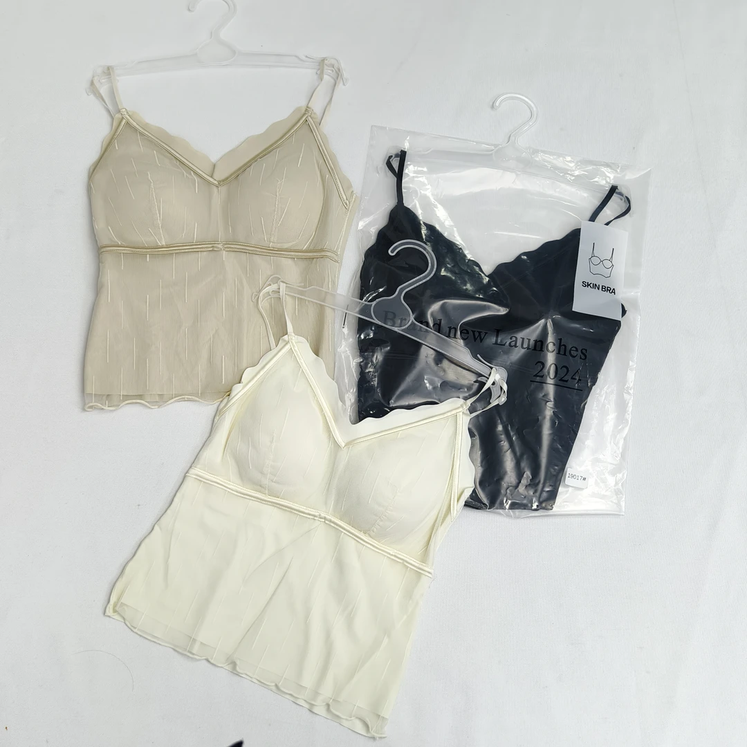 性感V领木耳边薄款网纱吊带背心固定杯文胸内衣女打底美背可外穿