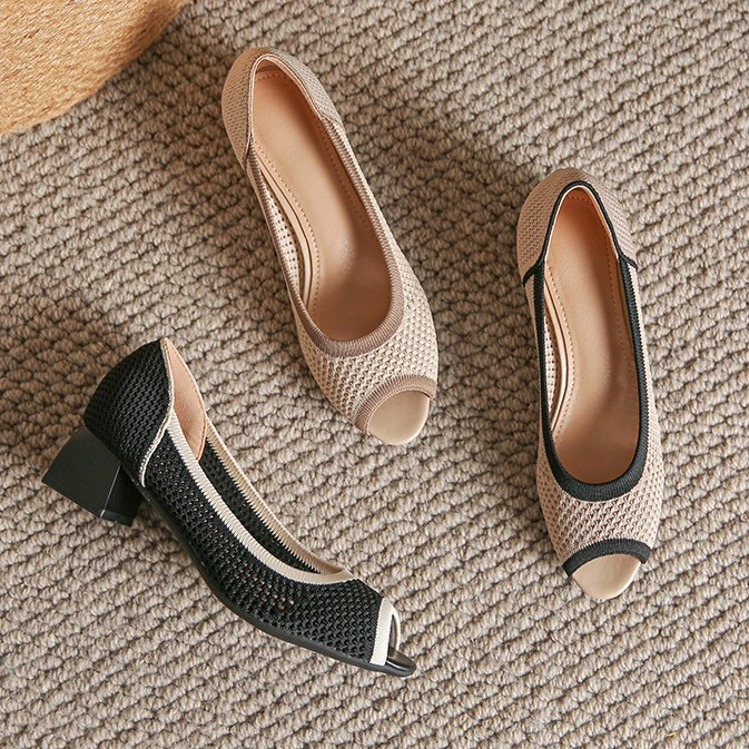 2025春季新款鱼嘴鞋王妃鞋镂空透气软底软面百搭粗跟中跟浅口单鞋