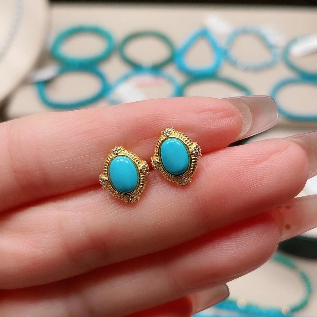 银S925镀金镶嵌绿松石耳钉