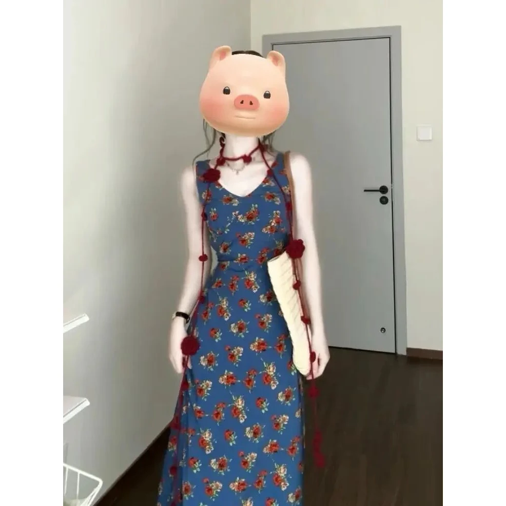 法式碎花蓝色无袖吊带连衣裙子女装夏季新款服装收腰出游长裙