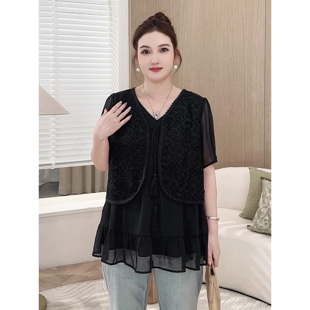 【高级感假两件小衫】MsShe大码女装2025夏新款时尚短袖S~E2505049