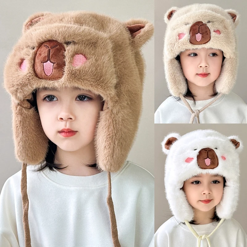 儿童帽子秋冬季男女童可爱卡皮巴拉毛绒帽保暖防风防寒护耳帽TTT