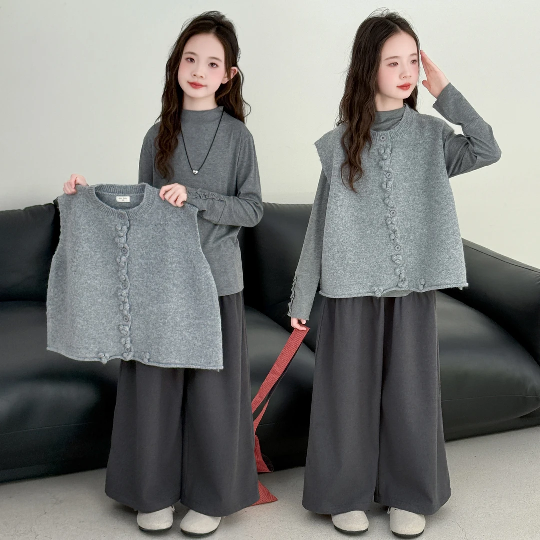 女童春秋款针织马甲套装2025新款女孩宽松儿童秋装阔腿裤子三件套