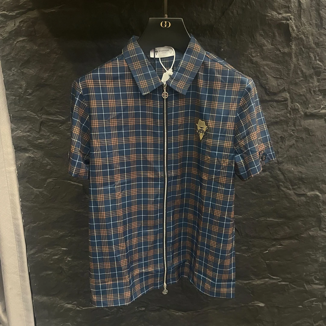 夏季男士短袖舒适轻奢冰感百搭时尚格子提花翻领衬衫16-98005