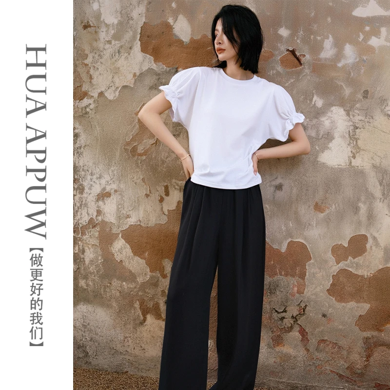 画朴简约设计感花苞袖圆领短袖白色T恤2025夏季新款通勤百搭上衣