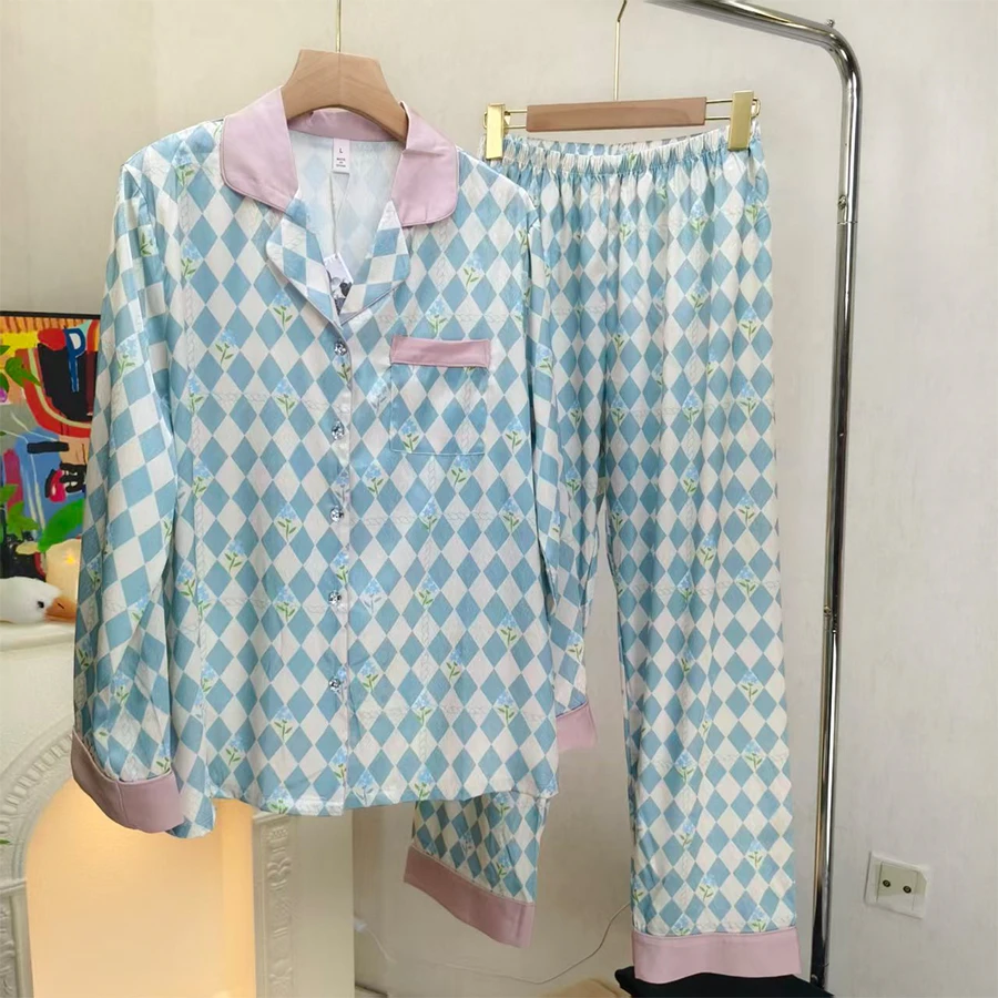 品牌蓝白格子小翻领开衫长袖长裤女款家居服套装2261