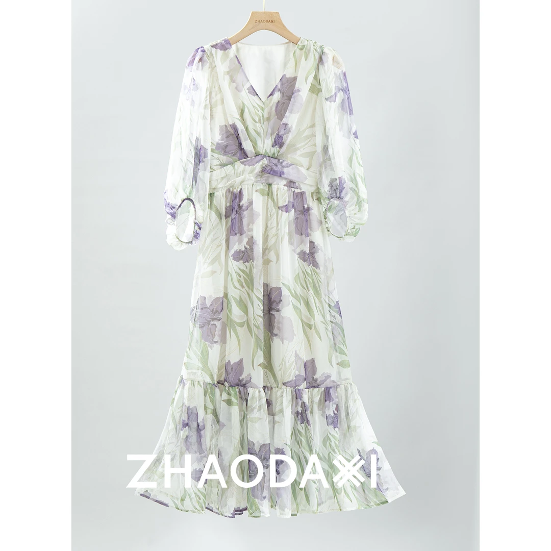 【赵大喜】鸢尾花园裙 | 时尚碎花茶歇裙新款 连衣裙