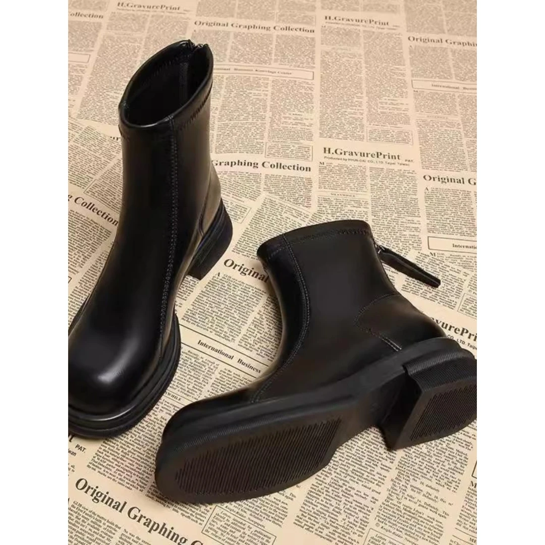 真皮短靴女2025秋冬新款粗跟瘦瘦靴高级感小裸靴女