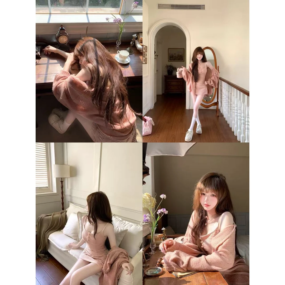 瑞茜·威瑟斯 慵懒韩女 秋季纯欲慵懒风吊带连衣裙针织开衫 R2360L