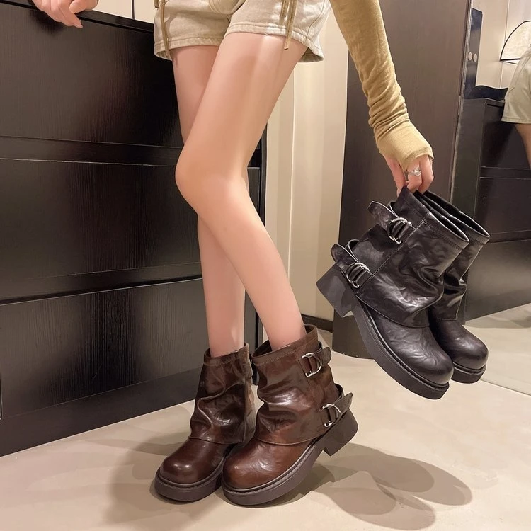 暮秋秋厚底气质短靴女2025秋爆款英伦风粗跟马丁靴时尚百搭裤管靴