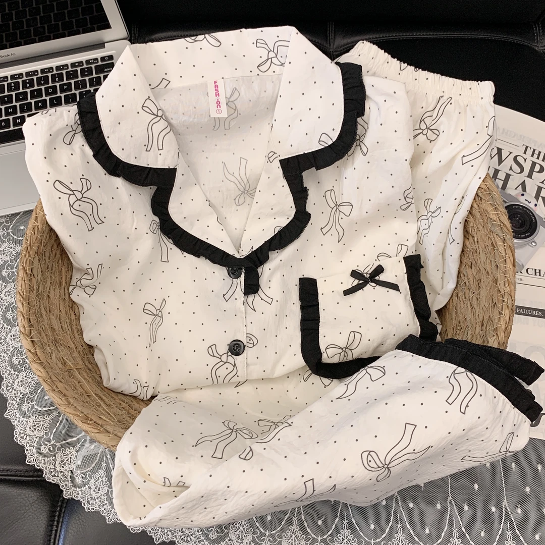 【长袖-花边蝴蝶结】春秋长袖睡衣女韩版花边甜酷可爱家居服套装