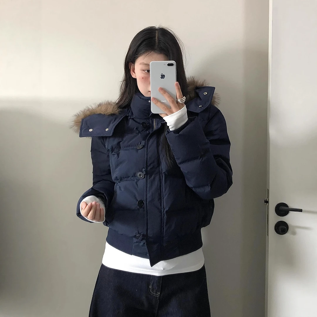 时尚藏青色保暖棉服女装2025冬季新款加厚高级感短款棉衣外套连帽