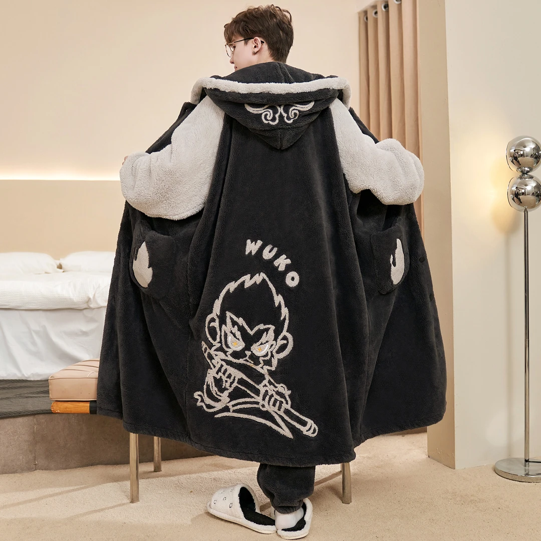 冬季加绒加厚珊瑚绒男士睡衣男款睡袍青少年学生卡通家居服秋冬款