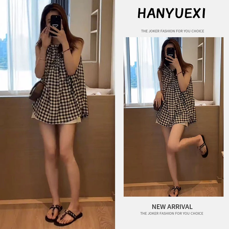 【现货】今年流行穿搭一整套2025新款格子无袖上衣减龄短裤两件套