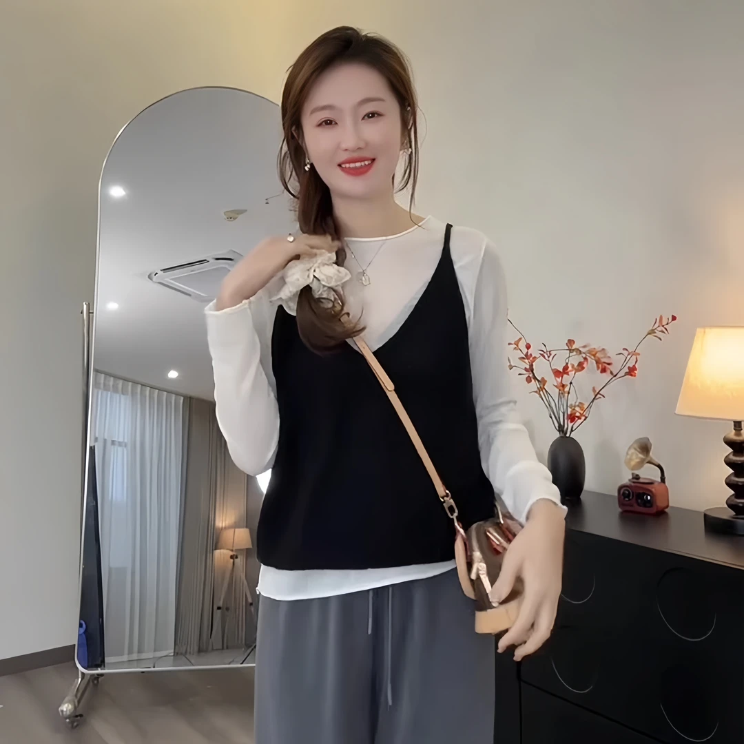 春季新款薄款针织吊带背心叠穿长袖显瘦T恤上衣女外搭两件套套装