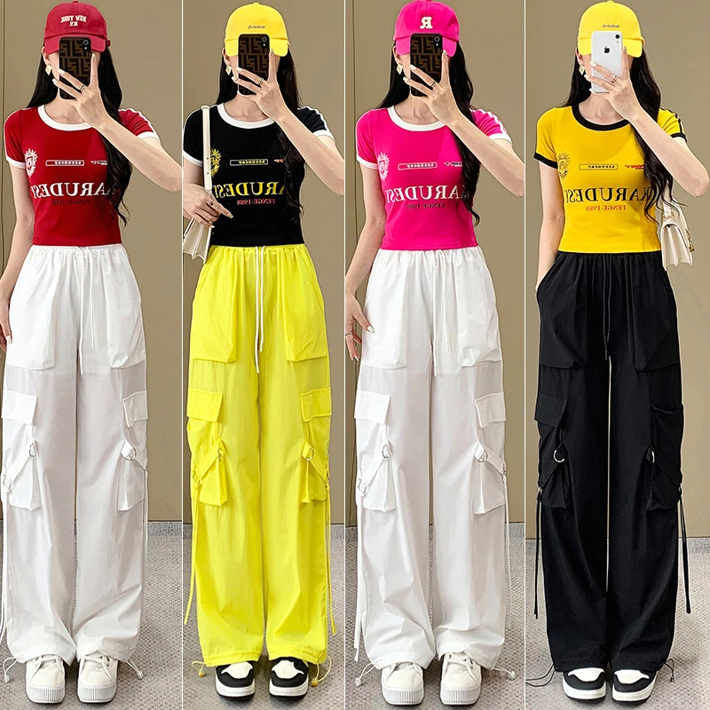 广场舞夏季新款时尚休闲显高女显瘦T恤衫搭配速干工装裤宽松潮流