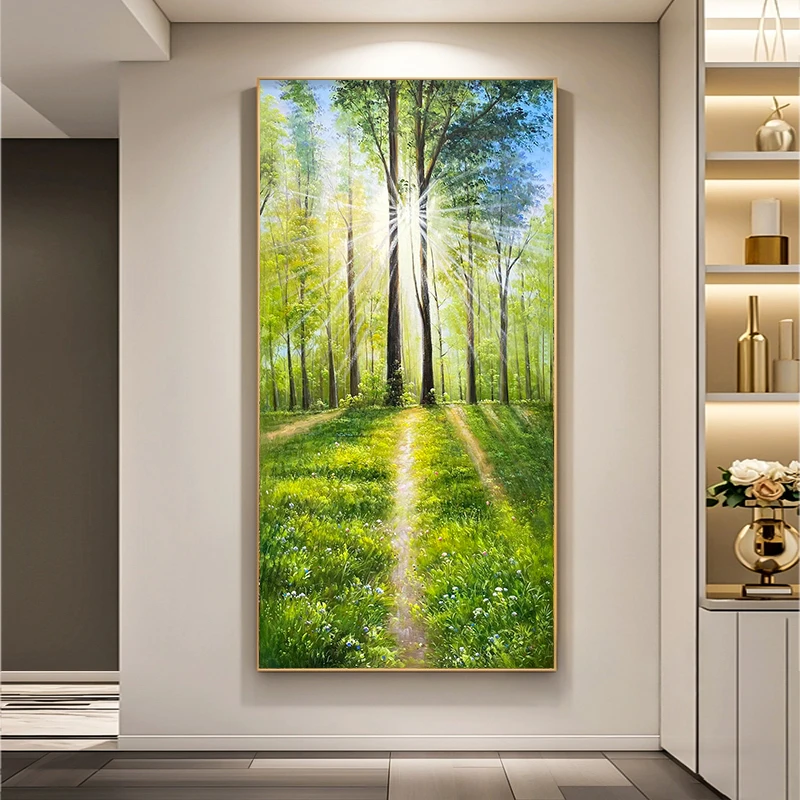（光之秘境）立体油画风景山水玄关挂画装饰画竖版轻奢壁画阳光森林