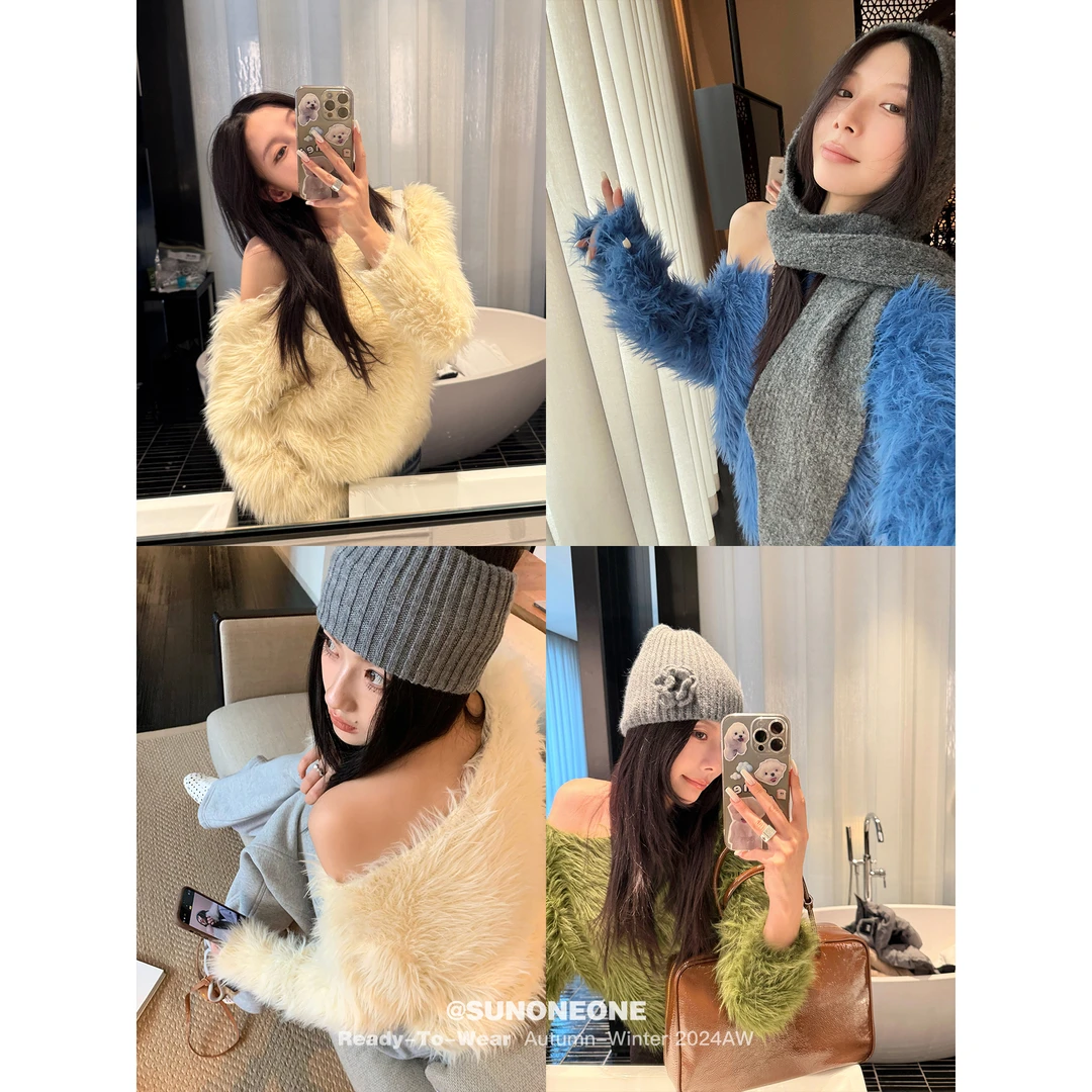 SUNONEONE 宽松斜肩毛衣女春一字肩露肩加厚保暖毛毛上衣H0768M