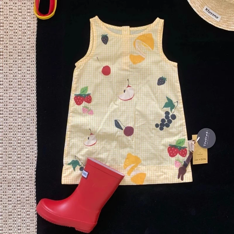 韩系童装女童纯棉连衣裙宝宝超好看夏季背心裙黄色格子印花公主裙