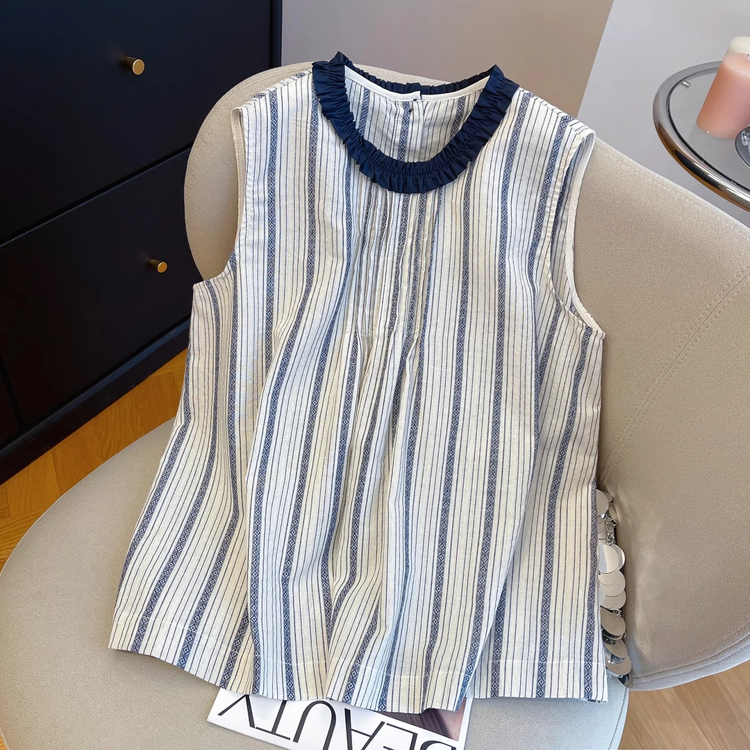 设计感木耳边条纹无袖背心女夏季2025独特超好看洋气别致小衫上衣