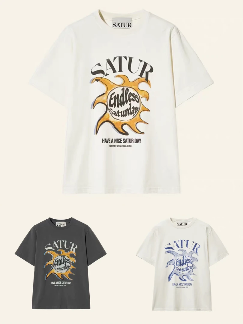 韩国satu*3色显瘦短袖金太阳印花宽松宽松型时尚T恤夏装上衣明星