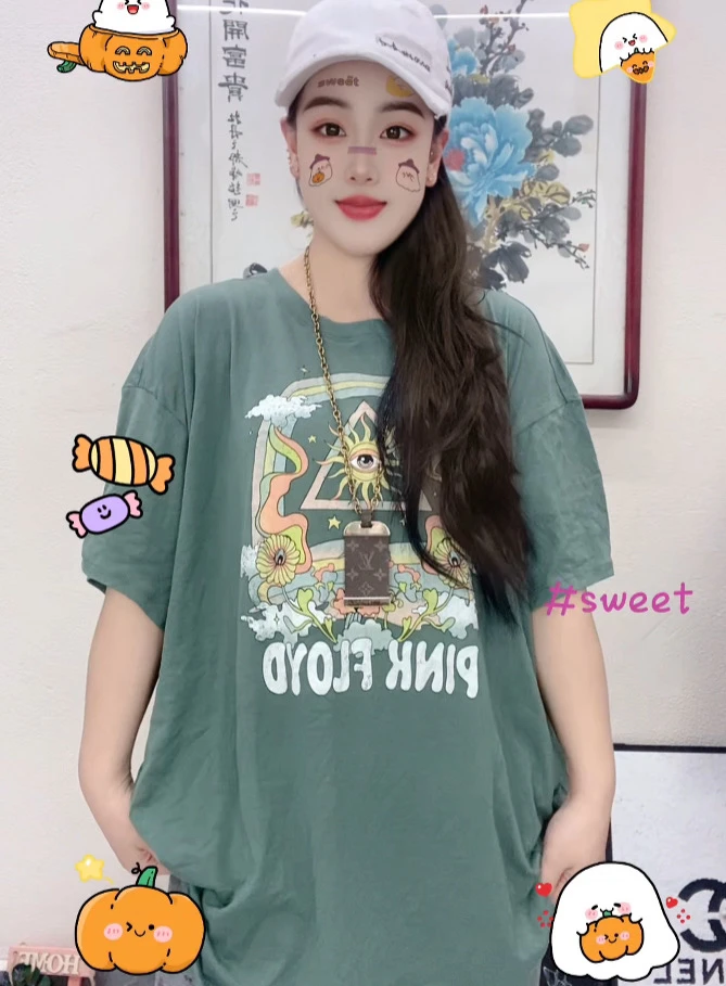 外贸纯棉大码T恤豆绿色眼睛