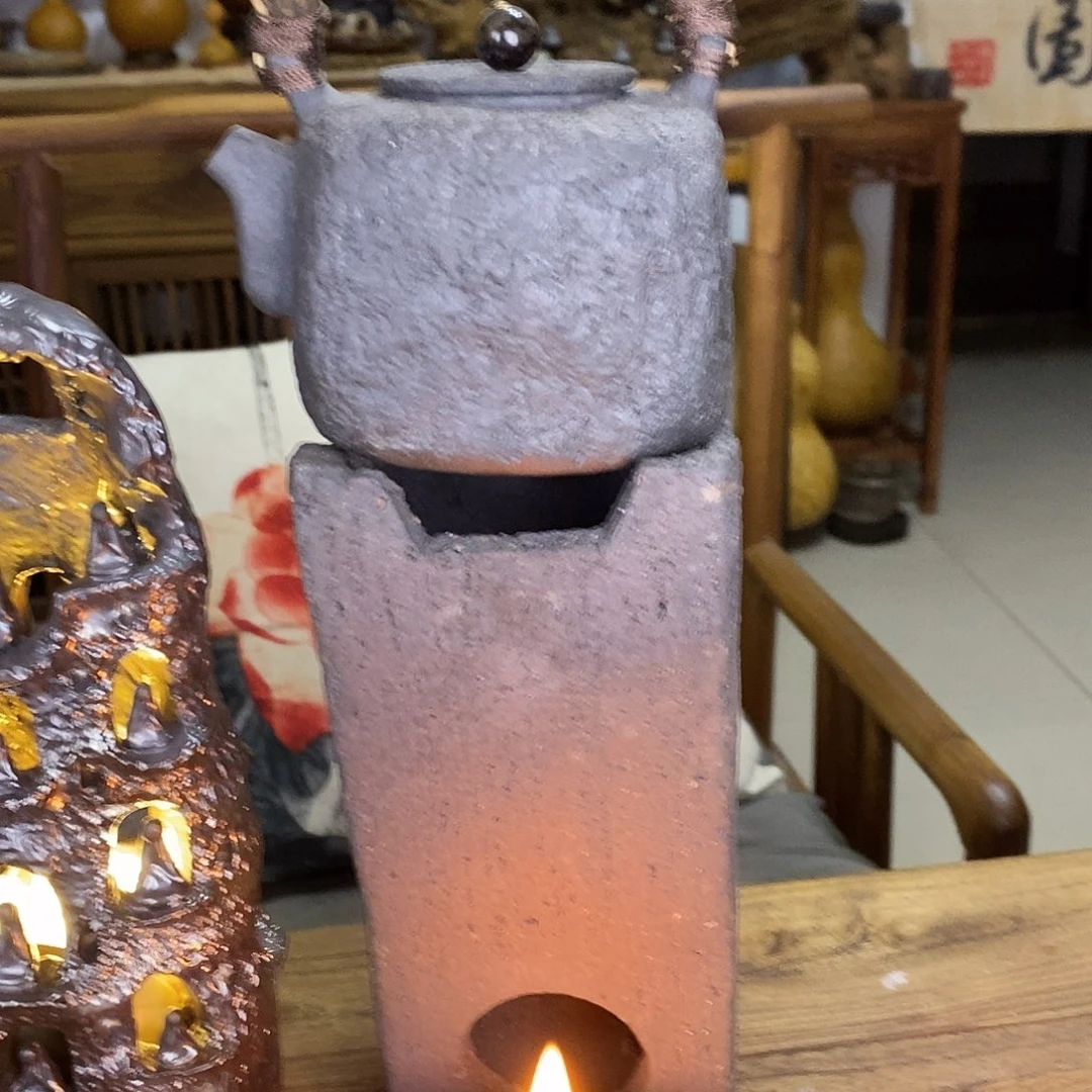 粗黑陶桌面温茶炉，全手工纯柴烧
