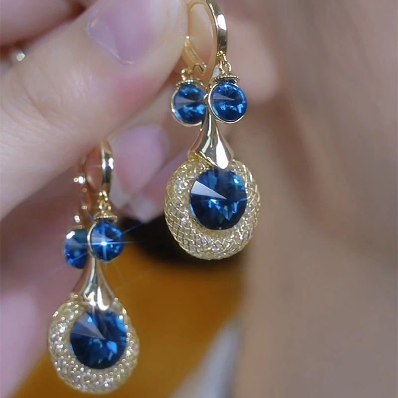 925银耳饰 DY24新款轻奢高级感金丝网状蓝水晶耳扣耳环气质独特个