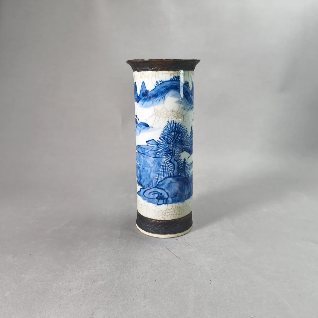 25071333清光绪哥釉青花人物山水纹箭筒 高25.5cm A02783