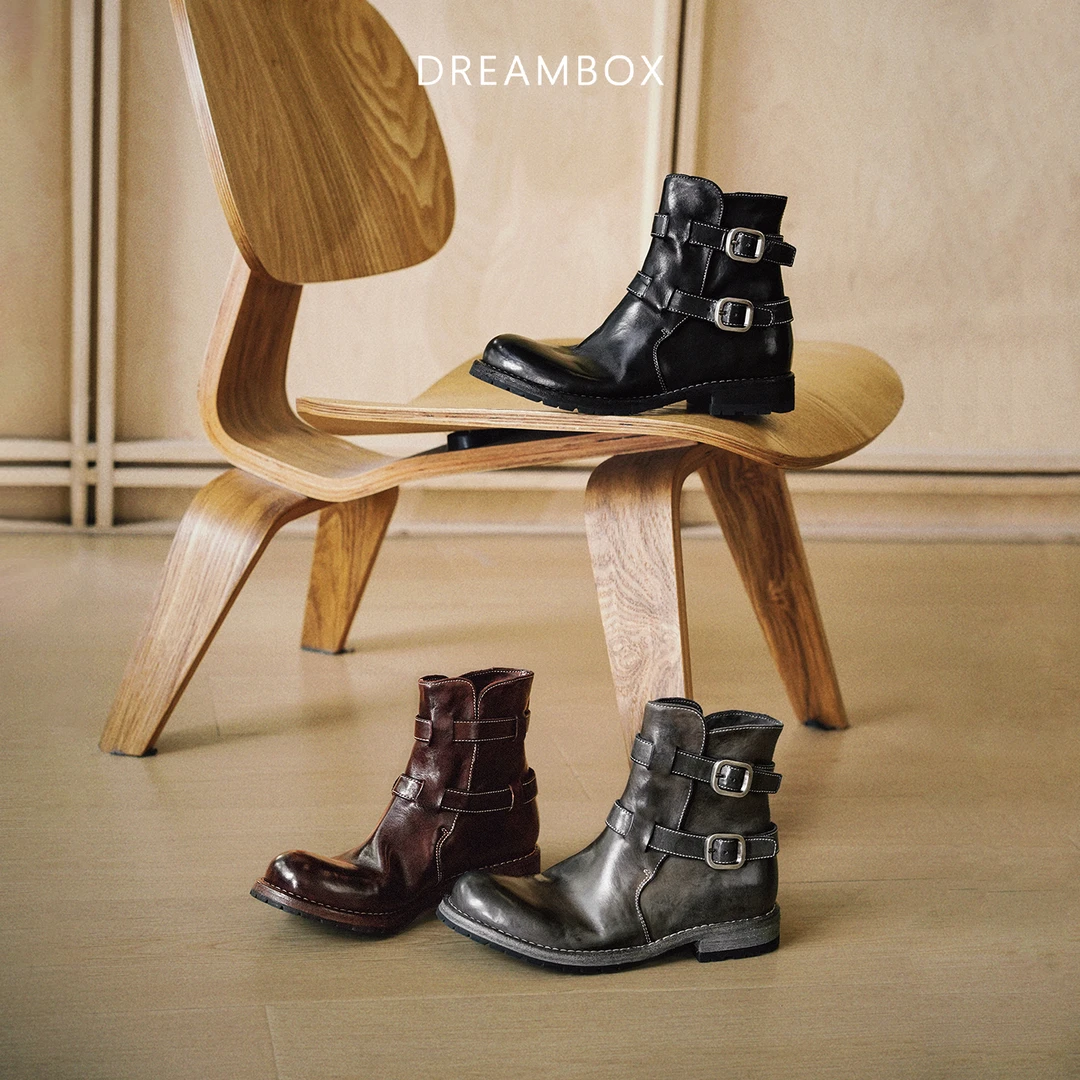 dreambox钧博vibram水洗马皮皮带扣切尔西靴英伦复古粗跟骑士靴