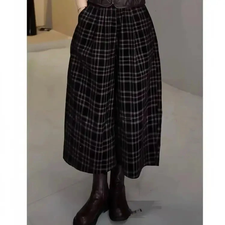 2025秋季慵懒撞色拼接格子条纹松紧腰百搭休闲阔腿裤显瘦时尚复古