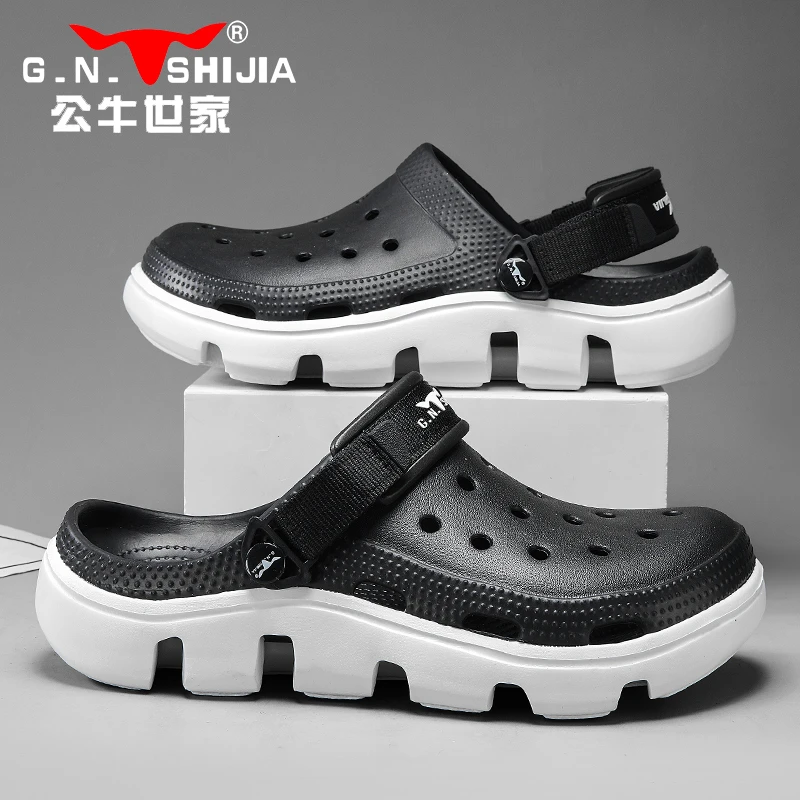 公牛世家轻便耐磨男士镂空钓鱼凉鞋夏季防臭防滑厚底一脚蹬洞洞鞋