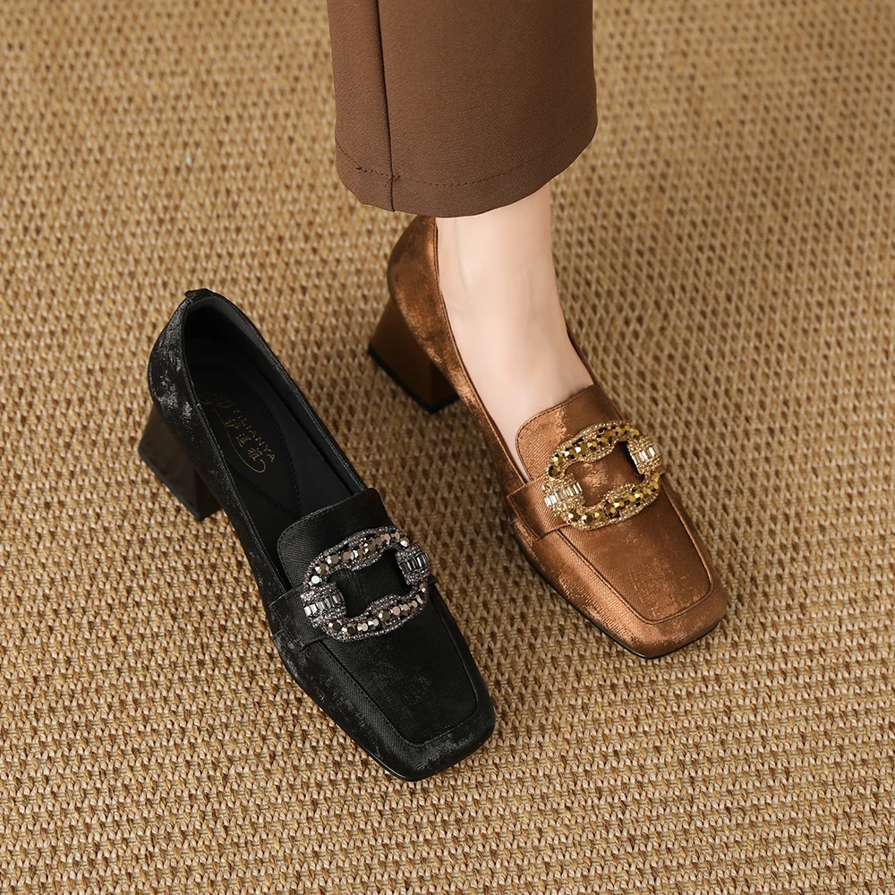 1638-17单鞋女新中式大码女鞋真皮粗跟中跟方头乐福跟鞋