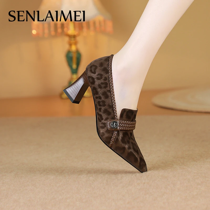 豹纹单鞋/牛皮/5cm/33-41/9026尖头高跟真皮女鞋配裙子粗跟皮鞋