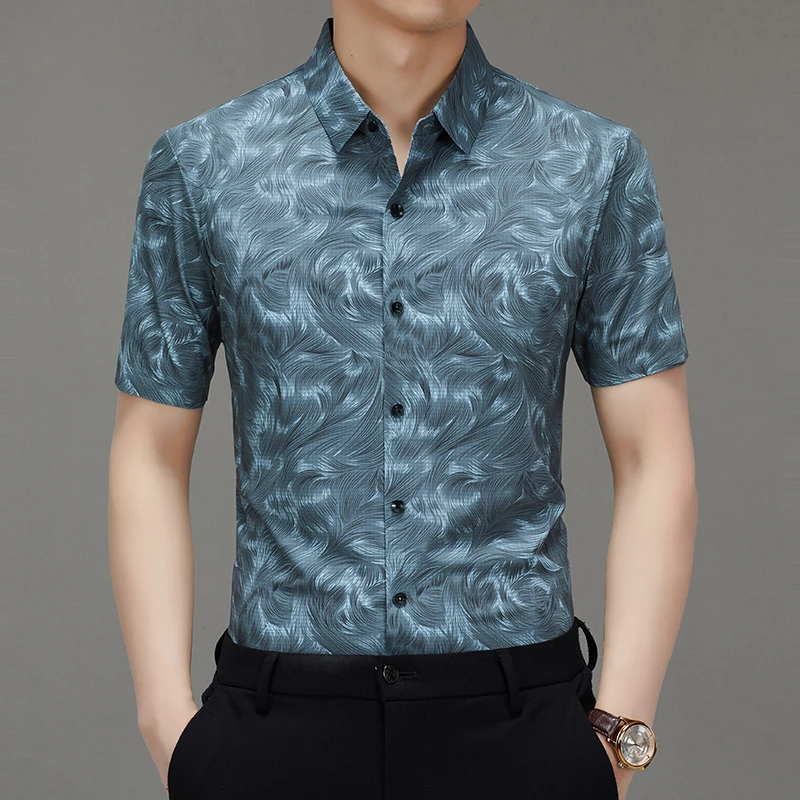 2025新款男士衬衣商务休闲中年高档夏季薄款印花无痕短袖男士衬衫