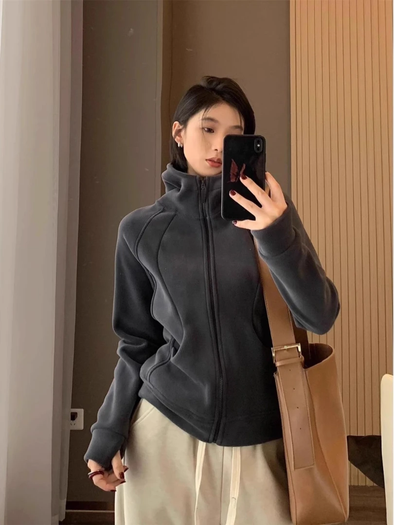 lulu同款秋冬百搭韩系甜美加绒加厚连帽休闲拉链开衫卫衣外套女