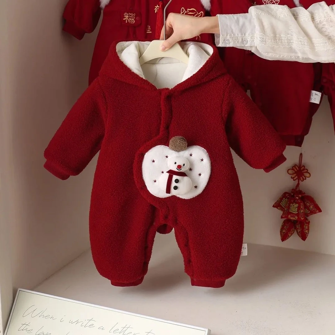 宝宝婴儿新年加绒连体衣拜年冬季冬装加厚爬服喜庆外出新生儿衣服